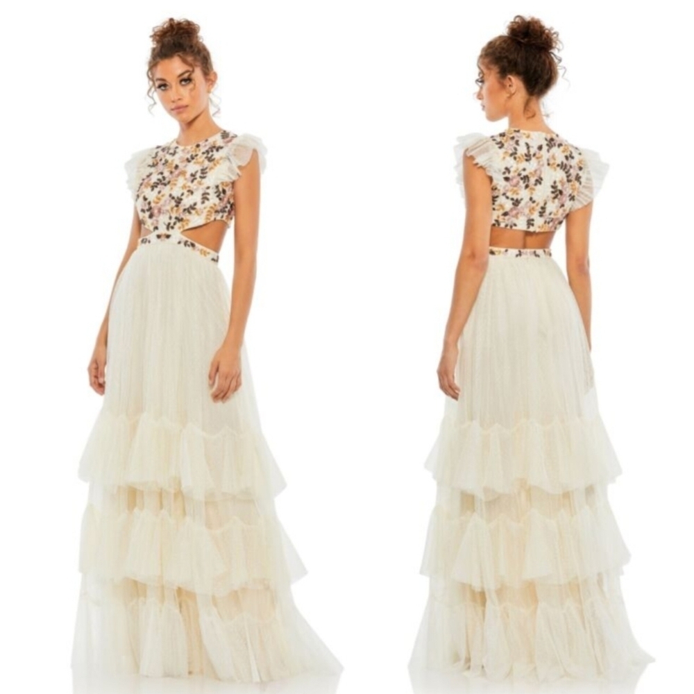 Mac Duggal 35106 Cutout Waist Ruffle Skirt Floral Embroidered Dress Wedding Boho
